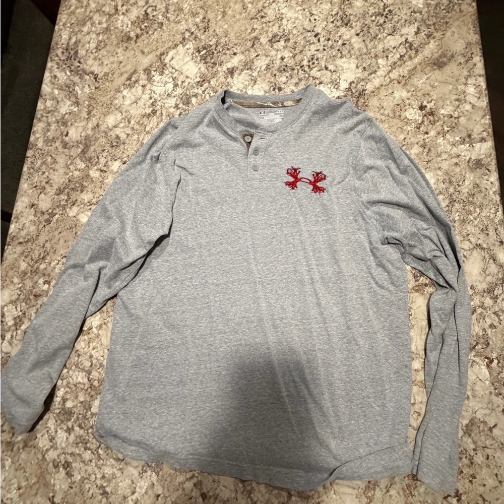 Under Armour Gray Long Sleeve Shirt with Red Logo